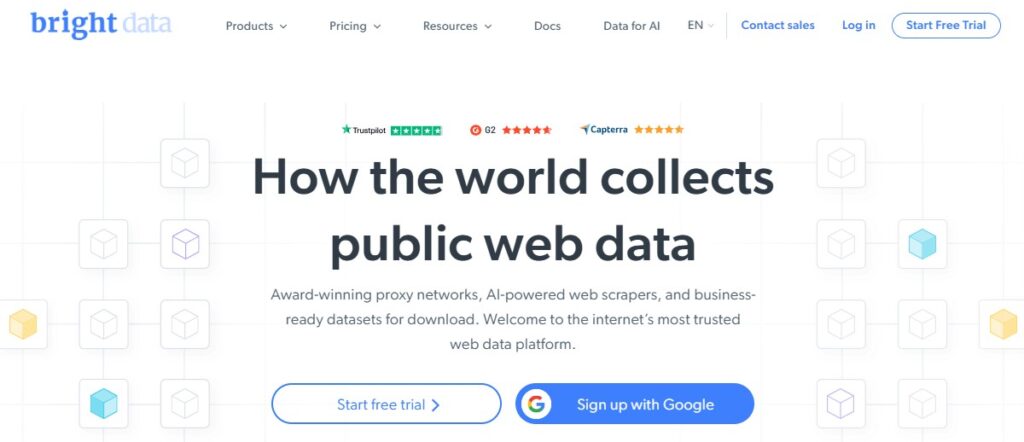 The image is a webpage screenshot for "Bright Data," offering web data collection services. It mentions awards, AI-powered tools, and a trusted platform. Buttons for starting a free trial and signing up with Google are visible. | FintechZoom