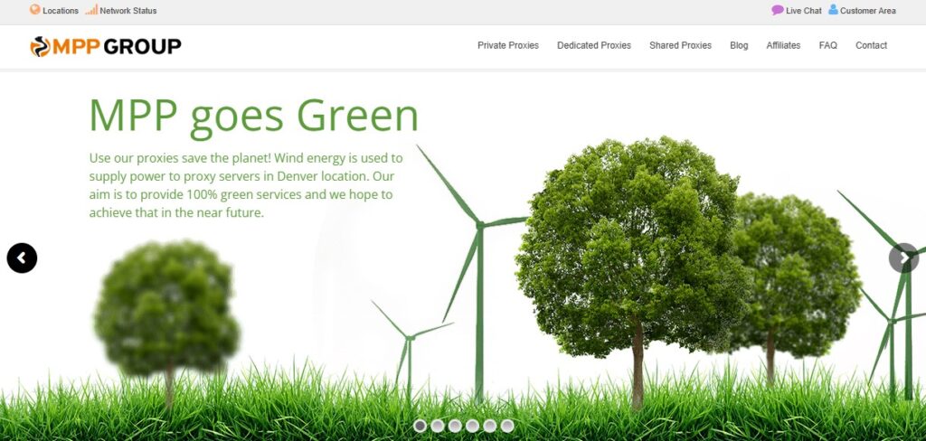 A webpage titled "MPP goes Green" features green energy themes with images of wind turbines and trees. Text highlights the company's commitment to providing 100% green services using wind energy. | FintechZoom