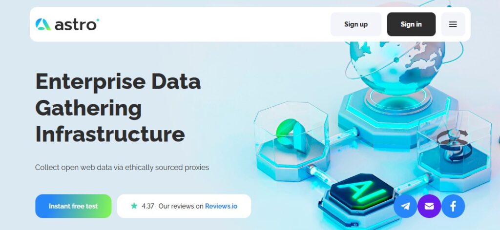 Website landing page for "Astro" featuring "Enterprise Data Gathering Infrastructure" in bold text. Includes sign-up buttons, a globe hologram, and a 4.37-star rating with a link to Reviews.io. Blue and white color scheme with tech-themed graphics. | FintechZoom