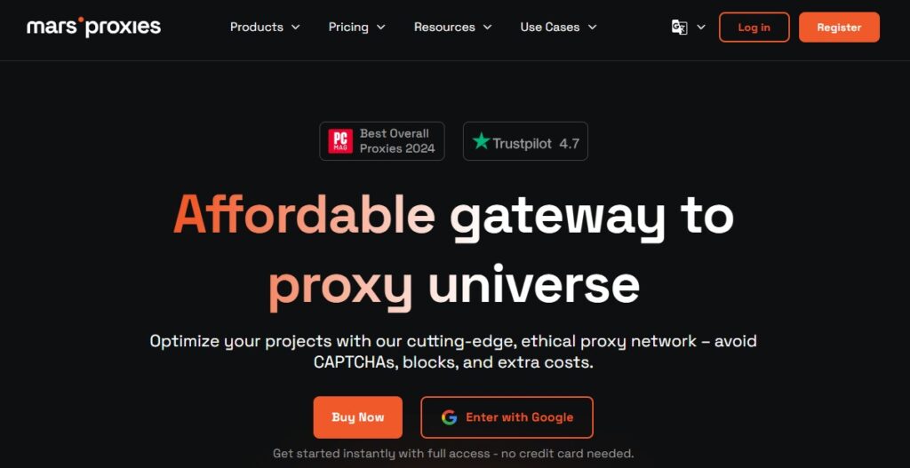 Mars Proxies website homepage featuring trust and award badges. The text reads, "Affordable gateway to proxy universe - optimize your projects with our cutting-edge, ethical proxy network." Options to buy now or enter with Google are shown. | FintechZoom