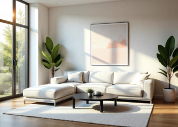 A modern living room with a white sectional sofa, a round black coffee table, and two potted plants. Sunlight streams through large windows, illuminating a light-colored rug and a framed abstract painting on the wall. | FintechZoom