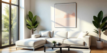 A modern living room with a white sectional sofa, a round black coffee table, and two potted plants. Sunlight streams through large windows, illuminating a light-colored rug and a framed abstract painting on the wall. | FintechZoom