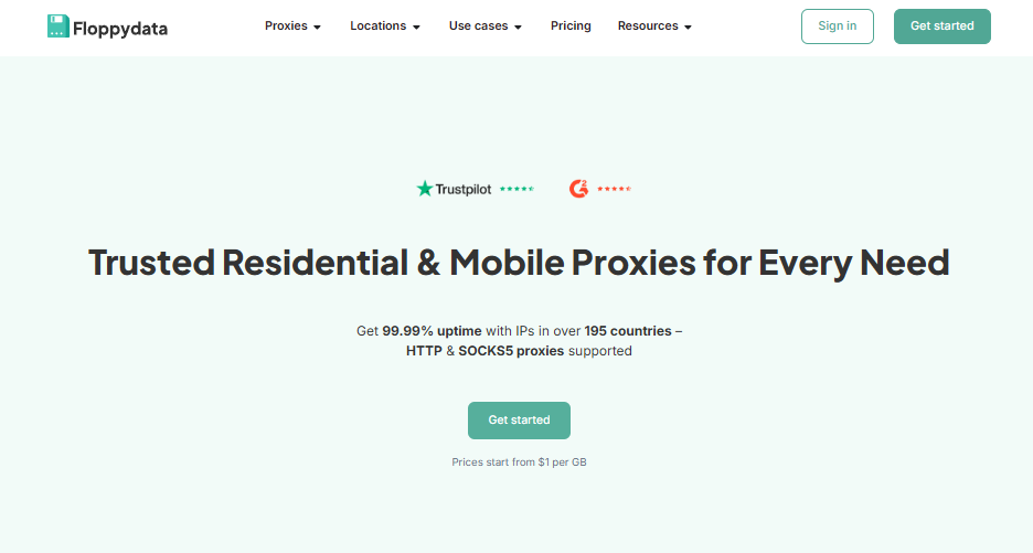 A webpage by Floppydata showcasing trusted residential and mobile proxy providers. It highlights features like 99.99% uptime, availability in over 195 countries, and support for HTTP and SOCKS5 proxies. Includes ratings from Trustpilot and Google. | FintechZoom