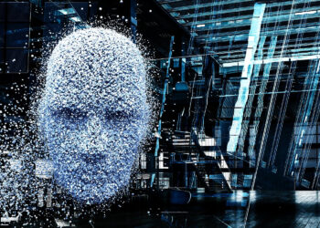 A digital head made of small particles floats in a futuristic, dark, and glossy environment with abstract geometric shapes and beams of light, reminiscent of a cryptocurrency landscape. | FintechZoom