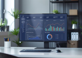 A modern office desk with a computer monitor displaying graphs and charts from FintechZoom.com Financial News. The screen shows line graphs, bar charts, and data analysis. The desk features plants, pens, and a keyboard, while shelves filled with files rest in the background. | FintechZoom