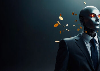 A humanoid robot wearing a suit with glowing red eyes stands against a dark background. Gold coins float around its head, illuminated by overhead light, creating a futuristic atmosphere that echoes the insights from FintechZoom.com’s analysis of AI's impact in financial services. | FintechZoom