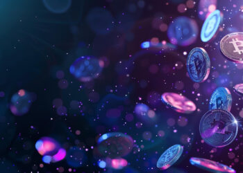 A digital rendering of floating Bitcoin coins, accompanied by meme coins, against a dark, abstract background with glowing purple and blue lights. The image conveys a sense of cybernetic movement and futuristic finance. | FintechZoom