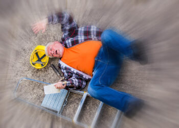 A man in a plaid shirt and orange t-shirt lies on the ground beside a fallen ladder and hard hat, looking distressed as he grips a clipboard. The blurred background highlights his predicament, making one wonder if he might need a construction accident lawyer. | FintechZoom
