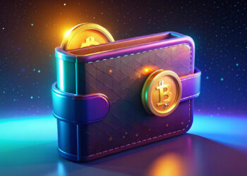 A digital illustration of a futuristic crypto wallet with glowing Bitcoin symbols. The wallet is metallic and iridescent, set against a cosmic background with stars, emitting a warm, luminous glow. | FintechZoom.com