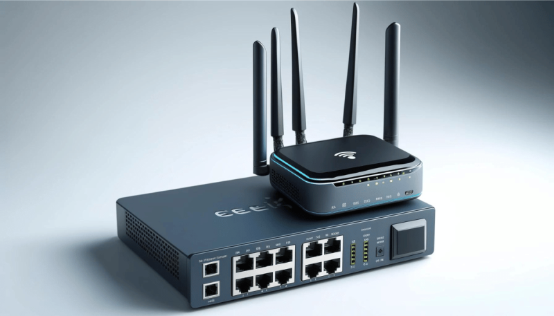 A blue network router with multiple antennas is positioned on top of a larger network switch. The switch has several ethernet ports on the front, and both devices are set against a neutral background. | FintechZoom