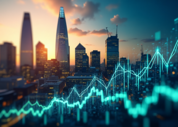 As the city skyline basks in a vibrant sunset, modern skyscrapers stand tall beneath the colorful hues of orange, pink, and blue. A digital financial graph overlays the scene, echoing economic growth akin to FintechZoom.com's insights or movements reminiscent of the FTSE 100 index. | FintechZoom