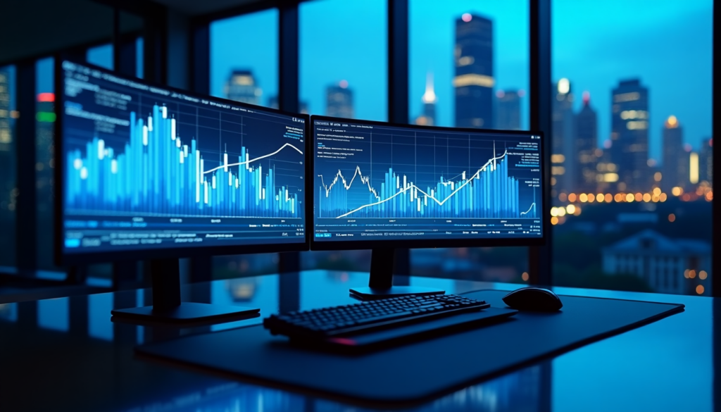 Dual monitors display financial graphs with line and bar charts, set on a desk with a keyboard and mouse. The background features a cityscape at dusk, with illuminated skyscrapers visible through a large window. | FintechZoom