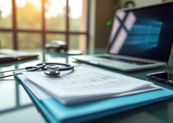 A stethoscope rests on a stack of papers on a glass desk. Nearby, a laptop, phone, and book are arranged neatly. Sunlight filters through a large window, casting a warm glow over the organized workspace. | FintechZoom