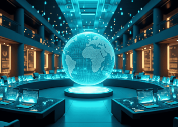 A futuristic control room with a large, glowing holographic globe at the center showcases strategies for investors amidst geopolitical tensions. Surrounding the globe are workstations with digital screens on curved desks, echoing FintechZoom.com's insights. The room exudes a high-tech ambiance with blue lighting accents. | FintechZoom