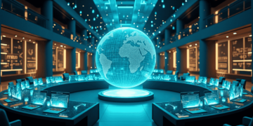 A futuristic control room with a large, glowing holographic globe at the center showcases strategies for investors amidst geopolitical tensions. Surrounding the globe are workstations with digital screens on curved desks, echoing FintechZoom.com's insights. The room exudes a high-tech ambiance with blue lighting accents. | FintechZoom