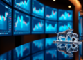 A reflective desk showcases a glass bull and bear figurine, symbolizing the stock market. Multiple monitors in the background display colorful financial graphs and charts, highlighting analytics and market trends, alongside insights into the FTSE 100 outlook. | FintechZoom