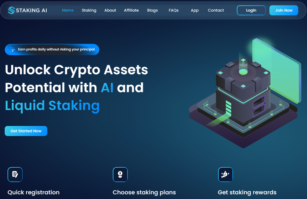 A website homepage for Staking AI, featuring a 3D illustration of a futuristic safe with digital elements. The text promotes unlocking crypto asset potential through AI and liquid staking. Includes buttons for getting started and options like quick registration. | FintechZoom