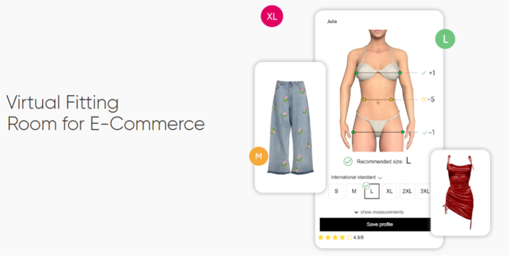 A virtual fitting room interface for e-commerce is shown, displaying a 3D model of a person trying on clothes. Nearby, images of pants and a dress suggest recommended sizes XL and L, answering the question "how to know your size" with ease. Text reads "Virtual Fitting Room for E-Commerce. | FintechZoom