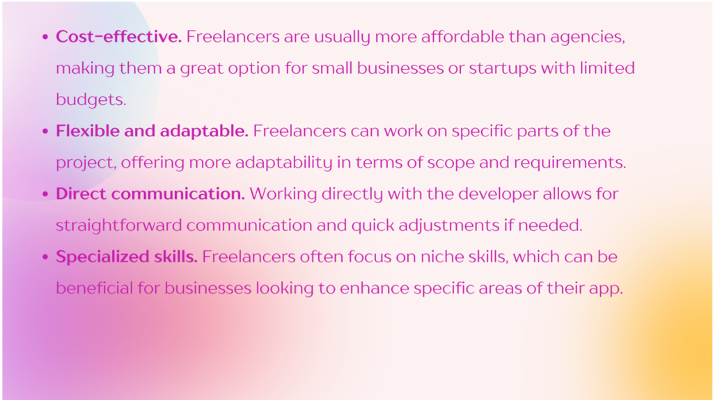 A gradient background with text detailing freelancer benefits: cost-effective, flexible and adaptable, direct communication, and specialized skills. Bullet points outline each advantage in different colors. | FintechZoom