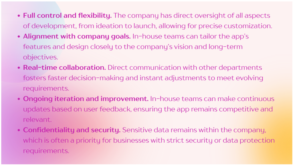 Gradient background with bulleted text listing six advantages: full control and flexibility, alignment with company goals, real-time collaboration, ongoing iteration and improvement, confidentiality and security. | FintechZoom