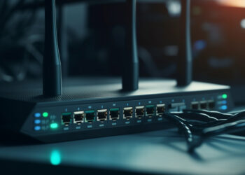 A close-up of a network router with several ethernet cables plugged into it. The device has multiple indicator lights glowing in different colors, set in a dimly lit environment, suggesting active network connectivity. | FintechZoom