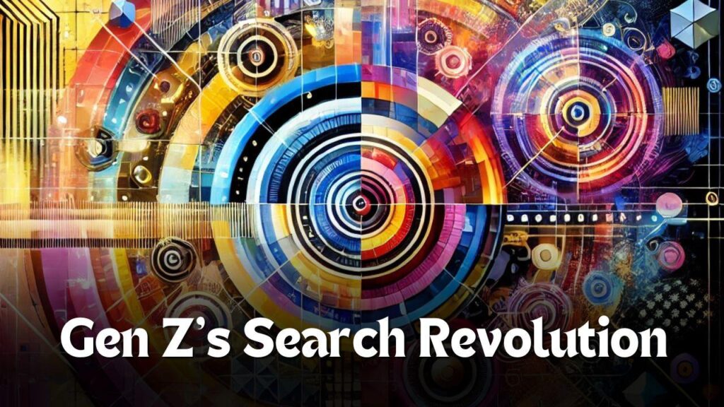 A vibrant, abstract digital artwork featuring colorful circular patterns and geometric shapes. Bold text at the bottom reads "Gen Z's Search Revolution." The design is dynamic with a modern, tech-inspired theme. | FintechZoom