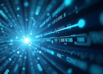 A dynamic visualization of data streams and numerical codes converging towards a bright, glowing point, symbolizing regulatory challenges in the fintech era: innovation & compliance. The image features a deep blue color scheme. | FintechZoom