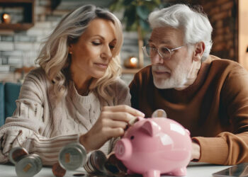 An older couple smiles while placing a coin into a pink piggy bank, symbolizing their retirement investment. Seated at a table with coins scattered around, the woman with long blonde hair and the man with white hair and glasses enjoy their cozy, well-lit setting. | FintechZoom