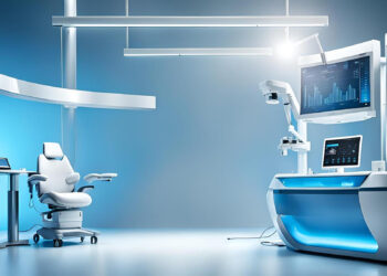 The futuristic medical office, illuminated with blue lighting, resembles a fintech hub with advanced monitors displaying data. A sleek workstation and state-of-the-art equipment enhance the high-tech healthcare environment, merging the precision of finance technology with medical innovation. | FintechZoom