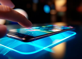A finger interacts with a glowing smartphone screen in a dimly lit environment, featuring vibrant app icons and a futuristic design.