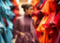 A woman in a stylish mauve outfit, embodying the essence of choosing fashion with purpose, stands between vibrant rolls of fabric in shades of blue, red, and orange. She gazes thoughtfully to the side, her hair in a neat bun, surrounded by colorful textiles. | FintechZoom