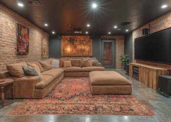 A cozy basement living room with a large brown sectional sofa and matching ottoman on a red patterned rug. Exposed brick walls are adorned with art, and a large flat-screen TV is mounted on the wall. The room exudes a warm, dimly lit ambiance. | FintechZoom
