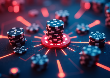 A stack of poker chips is surrounded by red glowing lines on a circuit board-like surface, evoking the feel of a digital, futuristic online casino theme. | FintechZoom