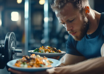 A man with a beard, wearing a blue T-shirt, holds two plates of salad near a stack of weights in a gym. He appears to be contemplating the plates, focusing intently on them. The gym background is slightly blurred. | FintechZoom