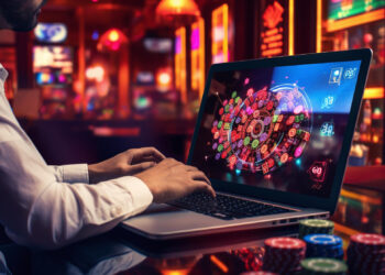 A person using a laptop displaying a digital roulette game in a vibrant online casino setting. Colorful lights and gambling chips are visible on the table, creating an engaging and lively atmosphere. | FintechZoom