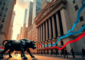 A large bull statue dominates a bustling Wall Street scene with blurred figures passing by. Behind it, financial graph lines in red and blue rise and dip, echoing the impact of US tariffs amid tall skyscrapers and a historic building, symbolizing market fluctuations. | FintechZoom