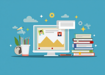 An illustration of a computer monitor displaying a homework document with profile icons, set against a blue background. Nearby, there's a stack of books, a pencil cup with colored pencils, clouds, the sun, and various icons suggesting ideas and communication. | FintechZoom