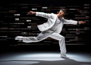 A person in a sleek white suit and sneakers dances energetically on a shadowy stage, blending their moves with the grace of martial arts. As they leap forward mid-motion, the dark background is adorned with horizontal light patterns. | FintechZoom