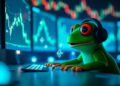 A cartoon frog, dubbed Kekius Maximus, wears headphones as it sits at a desk, intently monitoring three computer screens displaying stock market charts and cryptocurrency symbols. The background is illuminated with blue and green hues, creating a high-tech atmosphere. | FintechZoom