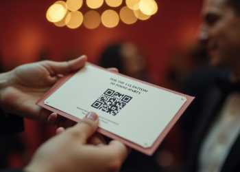 Person holding an invitation card with a QR code, titled "Peter Claxton" for a party. Background shows people in formal attire and soft lighting.
