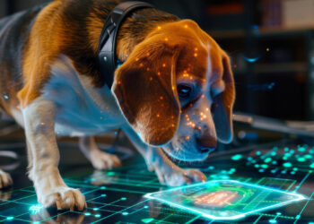 A beagle, embodying the essence of pet tech, dons a futuristic headset while examining a glowing holographic display with digital patterns and graphs. The high-tech setting, illuminated by neon lights against a dark backdrop, suggests an advanced technological environment. | FintechZoom
