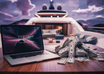 A laptop displaying abstract art is open on a wooden table. Next to it is a large pile of US dollar bills, hinting at winnings from offshore casino games. The scene unfolds on a luxurious yacht with plush seating and a dramatic, cloudy sky in the background. | FintechZoom