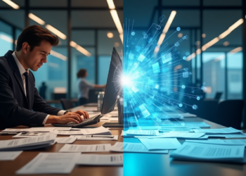 A man in a suit works at a desk cluttered with papers. The scene splits, transitioning to a digital motif of a computer screen showcasing AI-powered OCR technology with glowing data and network icons, symbolizing digital transformation in an office environment. | FintechZoom