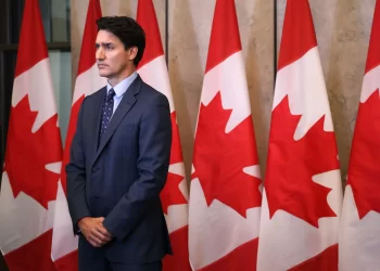Trudeau in a blue suit and polka dot tie stands before a row of Canadian flags, resembling Trudeau with his neutral expression. The background showcases several red and white flags lined up in a formal setting. | FintechZoom