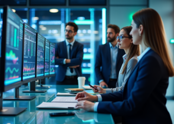 A team of professionals in a modern office leverages fintech platforms to monitor financial data on multiple screens. Three people focus intently on charts, while two others stand in the background. The room is well-lit with a glass wall, cultivating a sandbox-like futuristic atmosphere. | FintechZoom