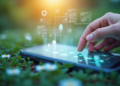 A hand interacts with a digital tablet on grass, surrounded by daisies. Holographic icons and diagrams hover above the tablet, symbolizing technology and nature integration. The scene is illuminated by warm sunlight. | FintechZoom