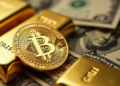 A gold Bitcoin coin rests on top of stacked gold bars and scattered US hundred-dollar bills. The combination symbolizes wealth and investment, blending traditional and digital currencies. | FintechZoom
