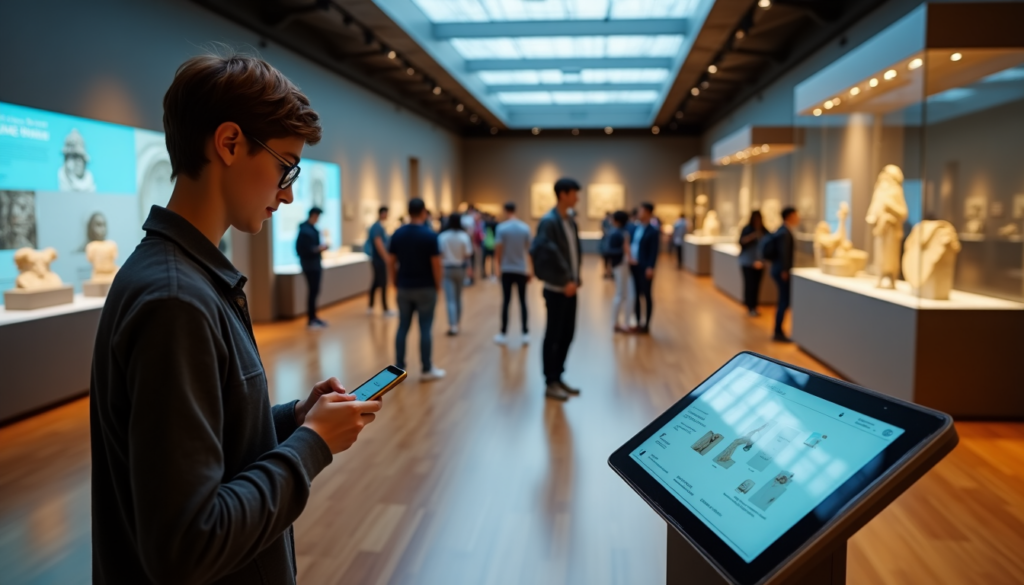 A young person using a smartphone stands near an interactive kiosk in a museum gallery. People are viewing sculptures and artifacts in the background. The space is well-lit with a modern design. | FintechZoom