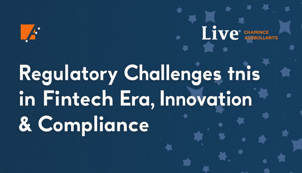 A blue background with white text: "Regulatory Challenges this in Fintech Era, Innovation & Compliance." The word "Live" is at the top right, and logos are in the top corners. Star-like shapes are scattered across the background. | FintechZoom