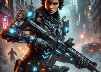 A battle-hardened futuristic soldier in an advanced exosuit with glowing blue and orange accents stands poised, clutching a large rifle. The neon-lit, dystopian cityscape backdrop echoes the intensity of a Call of Duty: Black Ops 6 challenge, with rain obscuring blurred, mysterious figures. | FintechZoom